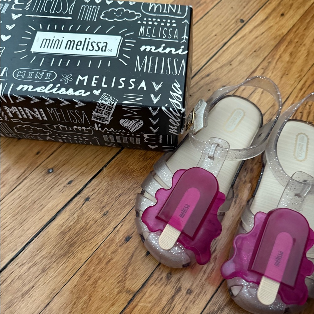Mini Melissa Clear Glitter Jelly Sandals with Hot Pink Popsicle Appliqués